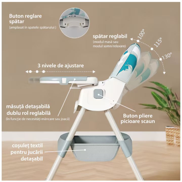 Scaun de masa bebe, At Performance, Pliabil, Inaltime ajustabila 5 pozitii, 4 roti, Structura otel, gri.